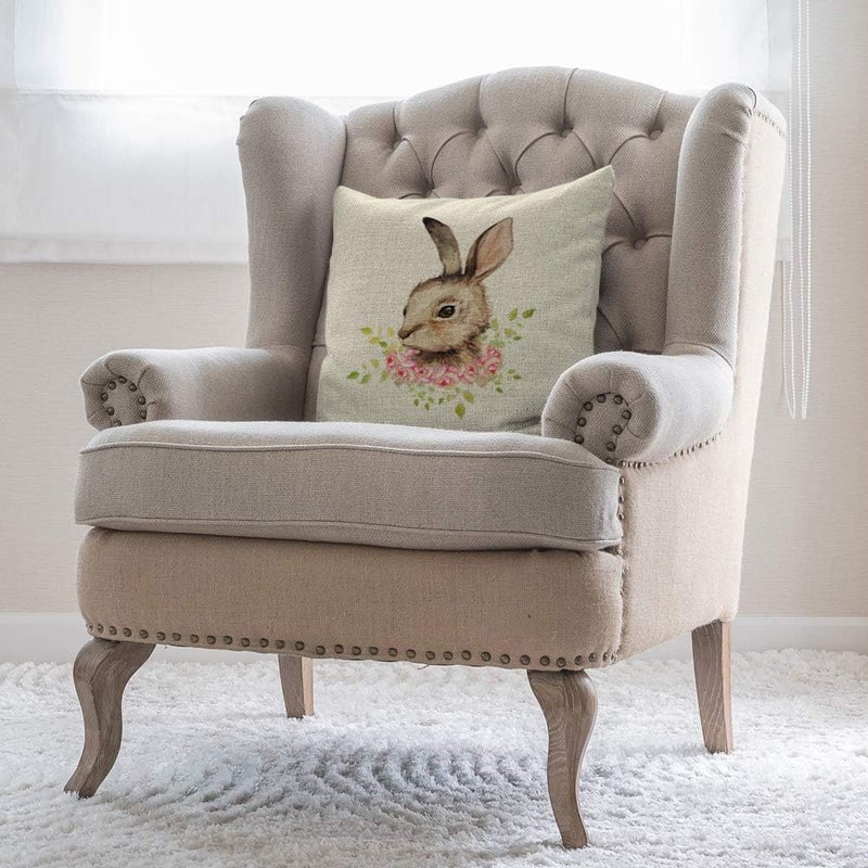 Moslion Bunny Pillows Decorative Pillow Case Sketch of Cute Animal Rabbit with Pink Rose Flowers Green Leaves for Easter Throw Pillow Cover Square Cushion Accent Cotton Linen Home 18x18 Inch Brown - Image 5